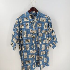 Puritan Shark Printed Modern Hawaiian Camp Button-Down Shirt Blue Beige Size 3XL